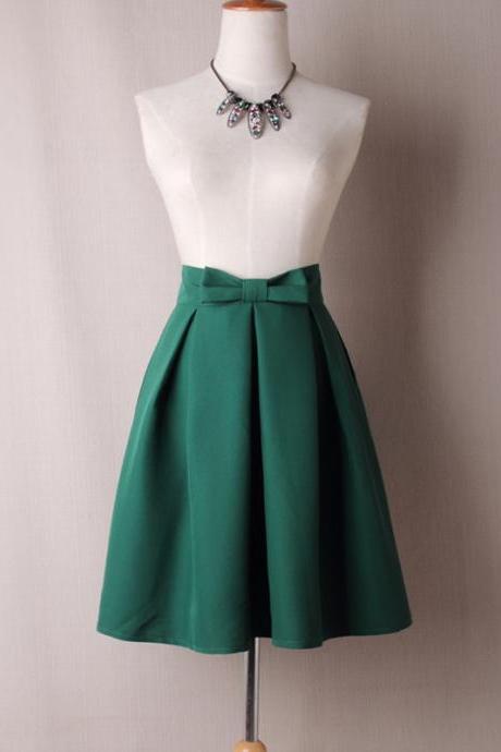 Women Midi Skirt High Waist Pleated Knee Length Vintage A Line Bow Zipper Skater Skirt Green