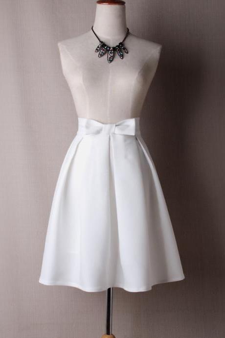 Women Midi Skirt High Waist Pleated Knee Length Vintage A Line Bow Zipper Skater Skirt Off White