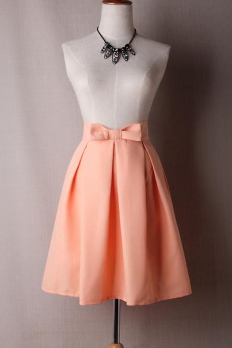 Women Midi Skirt High Waist Pleated Knee Length Vintage A Line Bow Zipper Skater Skirt Salmon
