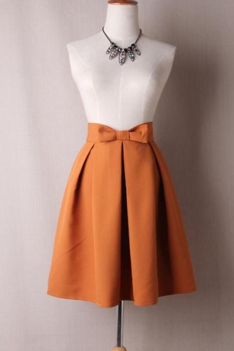 Women Midi Skirt High Waist Pleated Knee Length Vintage A Line Bow Zipper Skater Skirt Orange