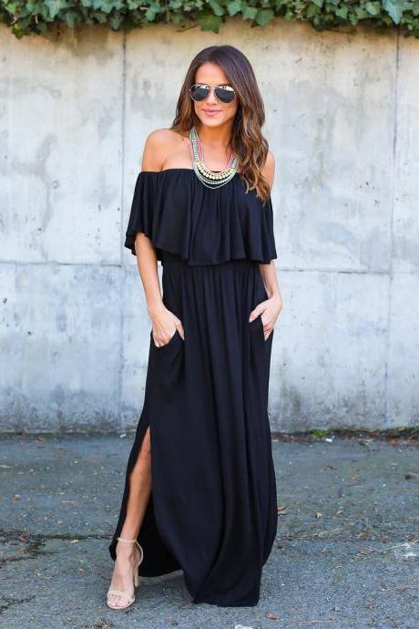 Black Off-the-shoulder Ruffle Casual Summer Maxi Dress With Side Pockets And Side Slits