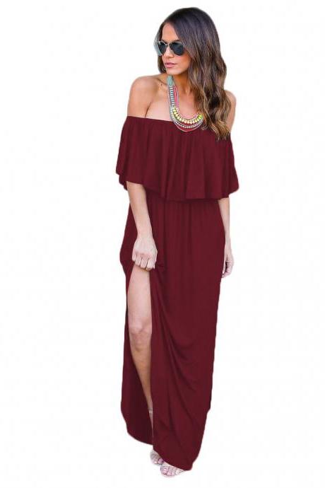 Burgundy Off-the-Shoulder Ruffle Casual Summer Maxi Dress with Side Pockets and Side Slits