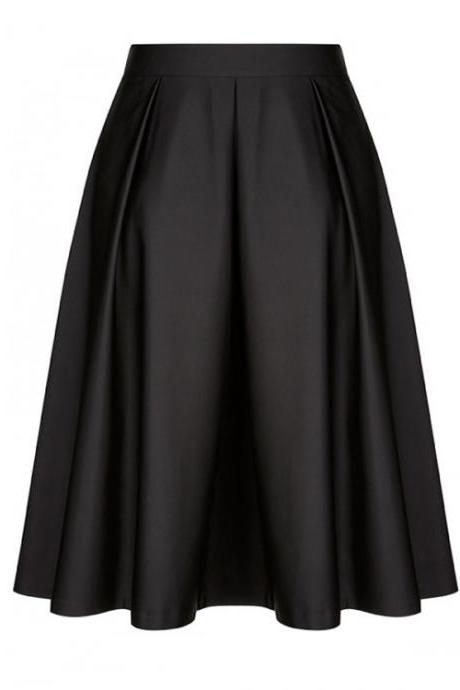 Fashion Women Midi Skater Skirt High Waist Zipper Pleated Swing A Line Skirt Black