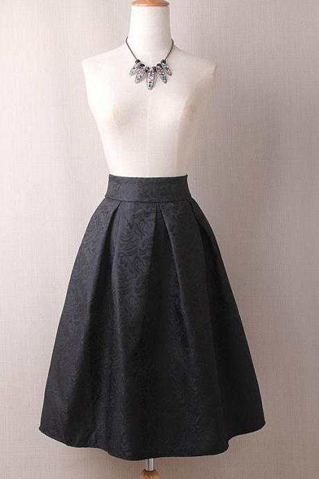 Vintage A Line Midi Skirt High Waist Knee Length Women Work Pleated A Line Skater Skirt Black