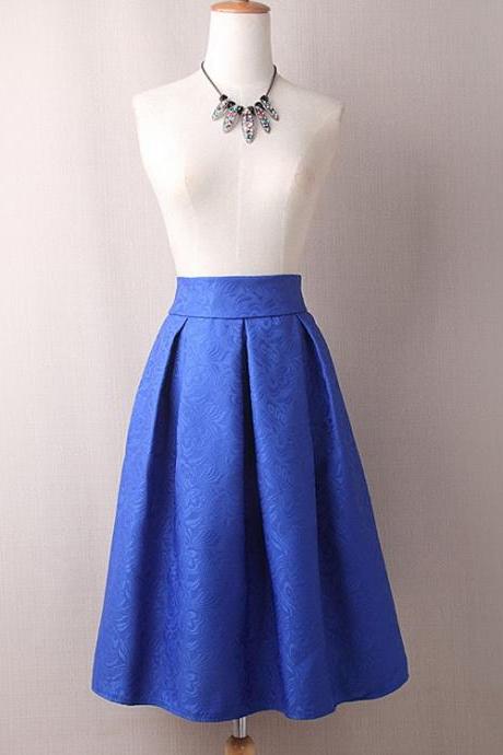 Vintage A Line Midi Skirt High Waist Knee Length Women Work Pleated A Line Skater Skirt Blue