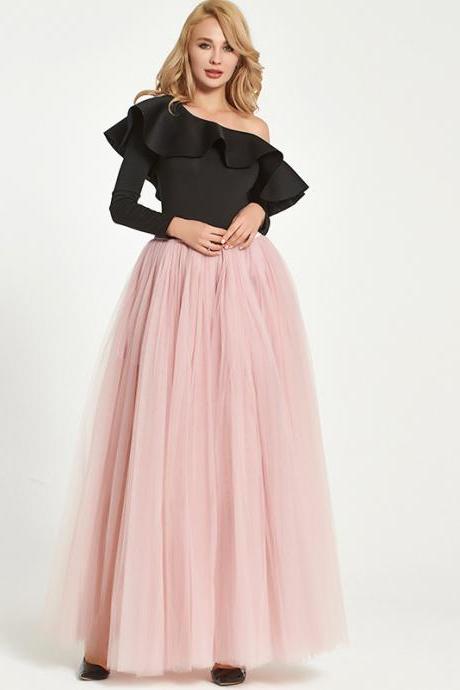Sexy High Side Split Long Tulle A Line Skirt High Waist Floor Length Women Maxi Tutu Skirt Dusty Pink