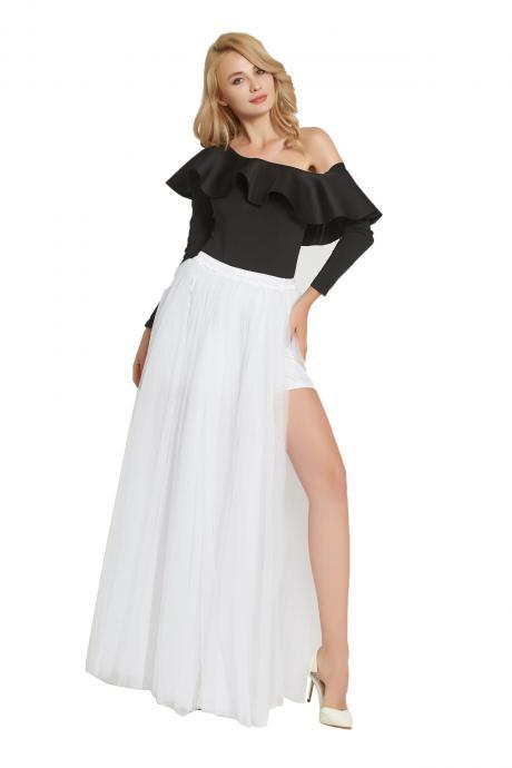 Sexy High Side Split Long Tulle A Line Skirt High Waist Floor Length Women Maxi Tutu Skirt off white