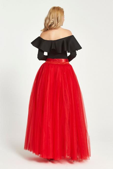 Sexy High Side Split Long Tulle A Line Skirt High Waist Floor Length Women Maxi Tutu Skirt red