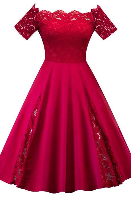  Off The Shoulder Women Dress Plus Size Lace Patchwork Short Sleeve Cocktail Party Dress red