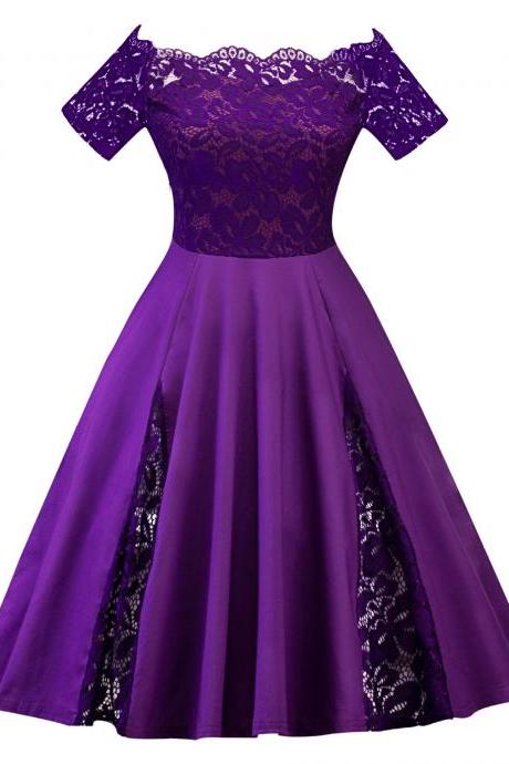  Off The Shoulder Women Dress Plus Size Lace Patchwork Short Sleeve Cocktail Party Dress purple