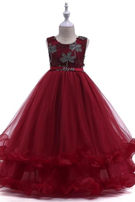 Embroidery Long Flower Girl Dress Kids Princess Party Birthday Gown Belted Children Clothes burgundy