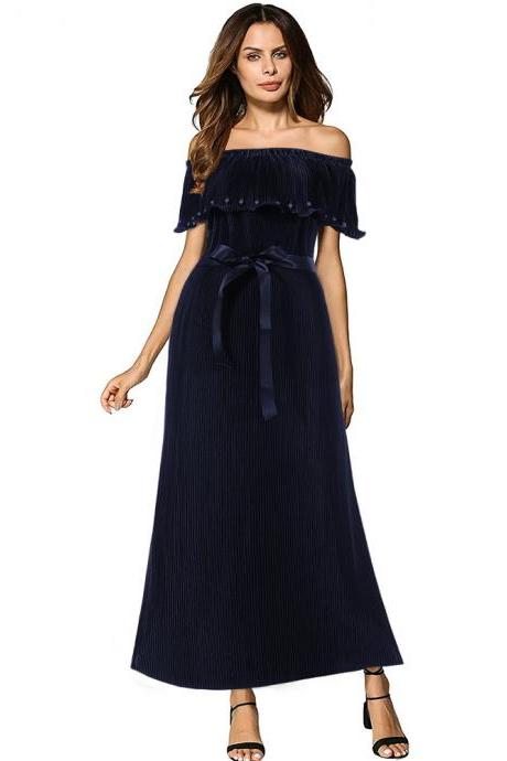 Off The Shoulder Pleated Maxi Dress Boho Summer Belted Women Long Prom Party Dress Navy Blue