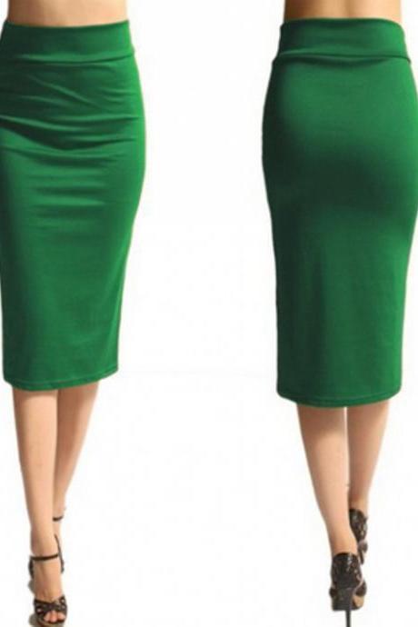 Slim Pencil Skirt High Waist Knee Length Casual Work Office Solid Sheath Bodycon Skirt Green