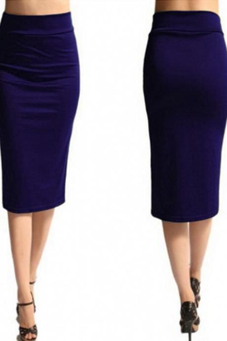 Slim Pencil Skirt High Waist Knee Length Casual Work Office Solid Sheath Bodycon Skirt Purple
