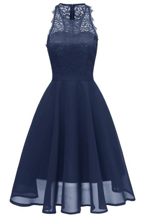 Women Casual Summer Dress Sleeveless O Neck Lace Patchwork A Line Cocktail Party Dress navy blue