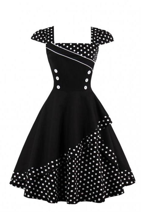 Summer Polka Dot Dress Women Cap Sleeve Hepburn 50s Vintage Button A Line Party Dress Black