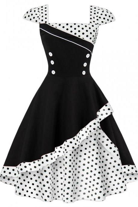 Summer Polka Dot Dress Women Cap Sleeve Hepburn 50s Vintage Button A Line Party Dress Off White