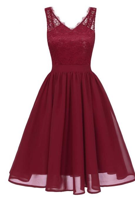 Women Summer Casual Dress V Neck Backless Lace Patchwork A Line Cocktail Party Dress burgundy