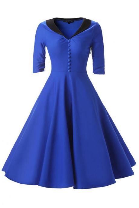  Women Rockabilly Dress Bottons Hepburn 50s 60s Half Sleeve Tunic V Neck A Line Party Dress blue
