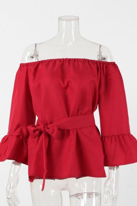 Red Off Shoulder Long Sleeve Casual Ruffle Belted Top