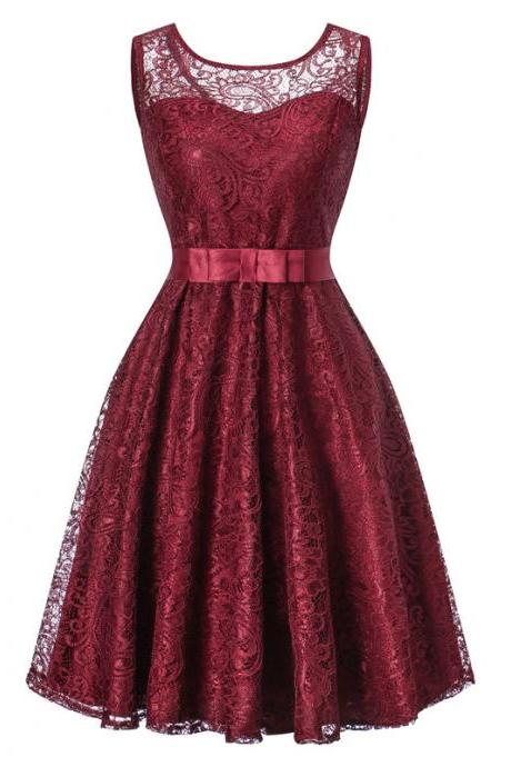 Vintage Lace Dress Sleeveless Belted Tunic Hepburn Women Cocktail Party Swing Dress burgundy