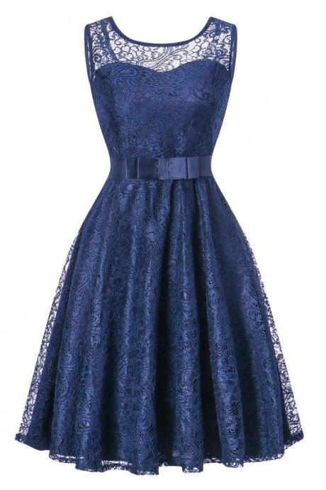 Vintage Lace Dress Sleeveless Belted Tunic Hepburn Women Cocktail Party Swing Dress navy blue 