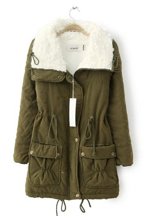 Winter Women Thick Long Fleece Coat Warm Turn Down Collar Fashion Parka Jackets Female Outerwear army green