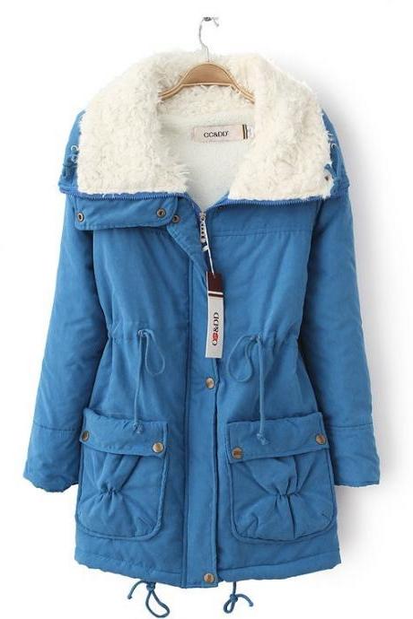 Winter Women Thick Long Fleece Coat Warm Turn Down Collar Fashion Parka Jackets Female Outerwear blue