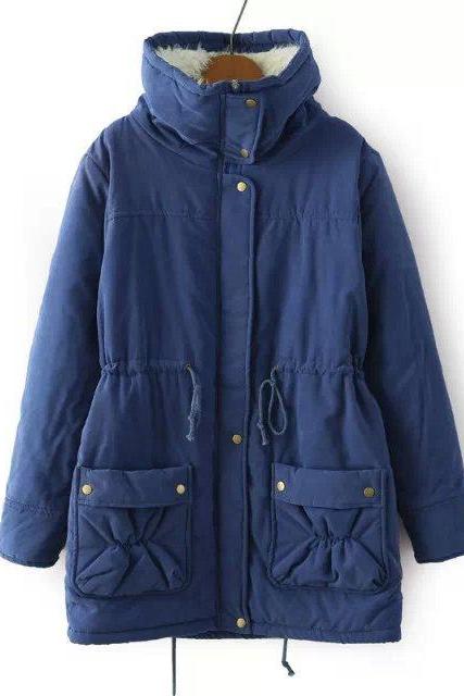 Winter Women Thick Long Fleece Coat Warm Turn Down Collar Fashion Parka Jackets Female Outerwear navy blue
