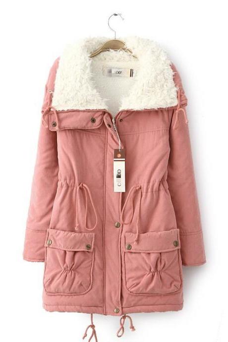 Winter Women Thick Long Fleece Coat Warm Turn Down Collar Fashion Parka Jackets Female Outerwear pink