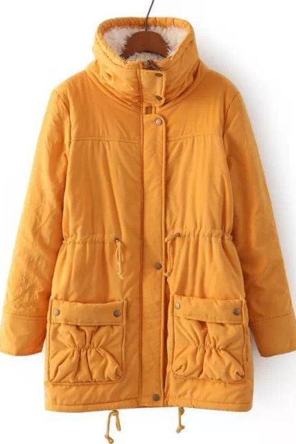 Winter Women Thick Long Fleece Coat Warm Turn Down Collar Fashion Parka Jackets Female Outerwear Yellow