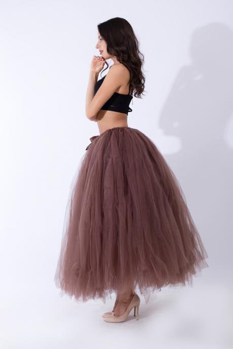 Puffty Women Tulle Tutu Skirt High Waist Lace up Jupe Female Prom Party Bridesmaid Skirts coffee