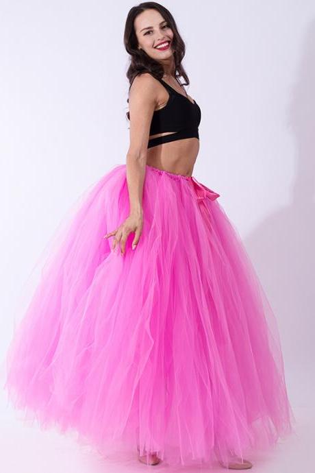Puffty Women Tulle Tutu Skirt High Waist Lace up Jupe Female Prom Party Bridesmaid Skirts deep pink