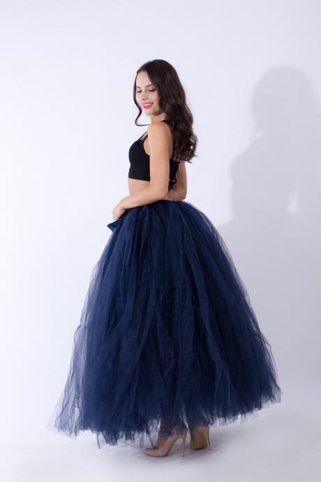 Puffty Women Tulle Tutu Skirt High Waist Lace up Jupe Female Prom Party Bridesmaid Skirts navy blue