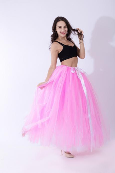 Puffty Women Tulle Tutu Skirt High Waist Lace up Jupe Female Prom Party Bridesmaid Skirts pink+white