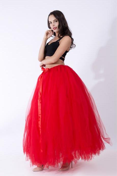 Puffty Women Tulle Tutu Skirt High Waist Lace up Jupe Female Prom Party Bridesmaid Skirts red
