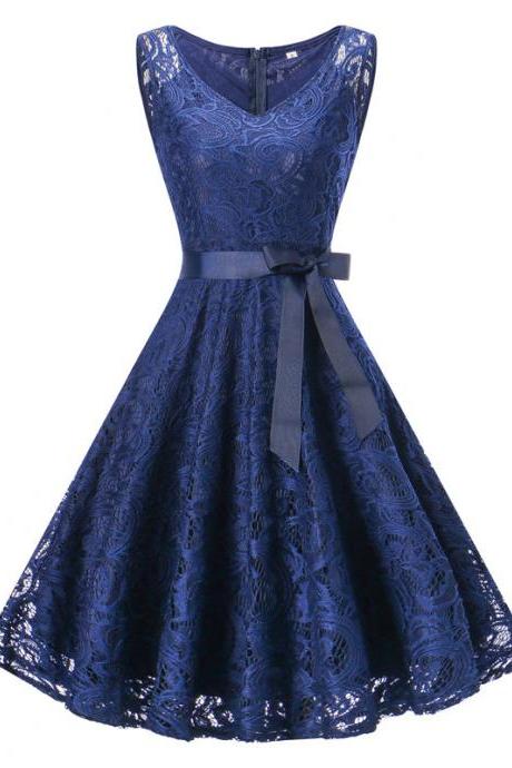 Vintage Floral Lace Dress Women V Neck Sleeveless Cocktail Evening Party Swing Dress navy blue