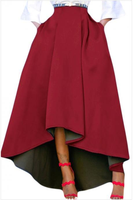 Women Maxi A Line High-low Skirt Vintage Long Puffy Pockets Prom Party Skirt Burgundy