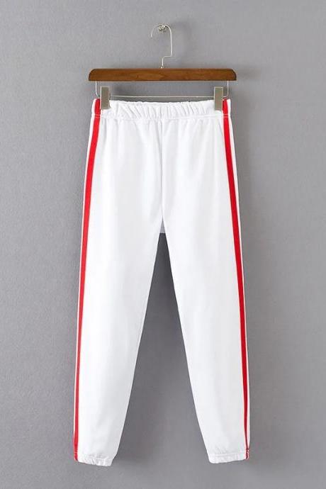 white sweatpants with red stripes