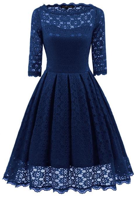 Women Floral Lace Dress Vintage 50s 60s 3/4 Sleeve Rockabilly Cocktail Evening Party Swing Dress navy blue