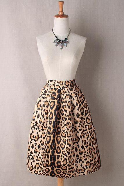 Leopard Print High Rise A-Line Midi Skirt 