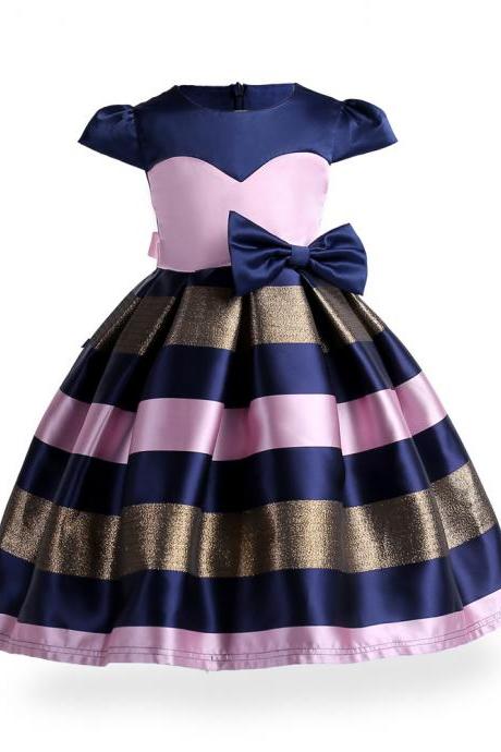Baby Girls Striped Dress Bow Cap Sleeve Kids Formal Party Birthday Costume Children Clothes Pink