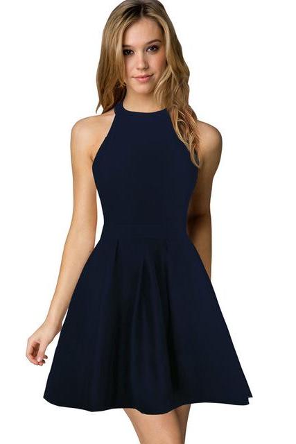 Sexy Short Nightclub Wear Halter Blackless Zipper A-Line Mini Cocktail Party Dress royal blue