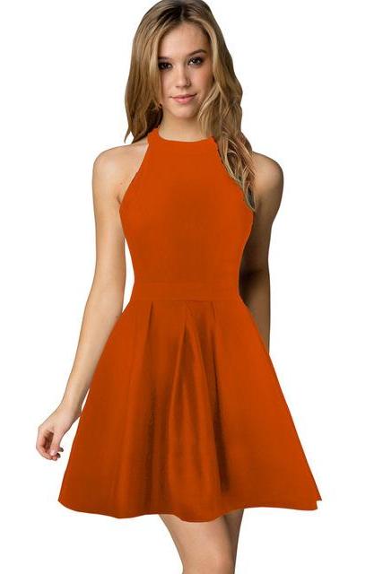 Sexy Short Nightclub Wear Halter Blackless Zipper A-Line Mini Cocktail Party Dress orange