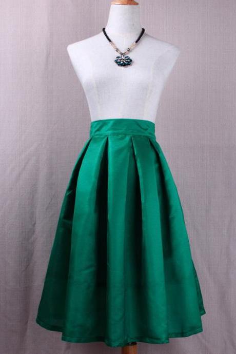 Simple Women A Line Midi Skirt High Waist Pleated Solid Office Work Skater Skirt Green