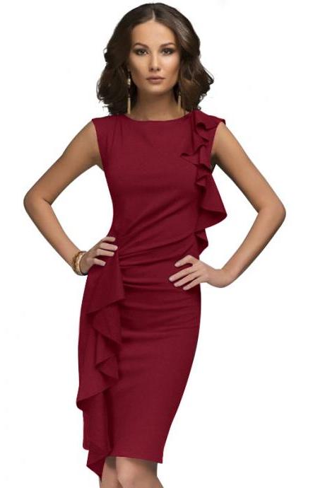 Two Side Flounce Trim Bodycon Dress Sleeveless Slim Sheath Short Party Pencil Dress red