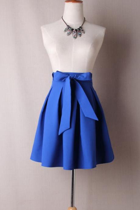 Cobalt Blue High Rise Short Ruffled Skater Skirt with Bow Accent Belt