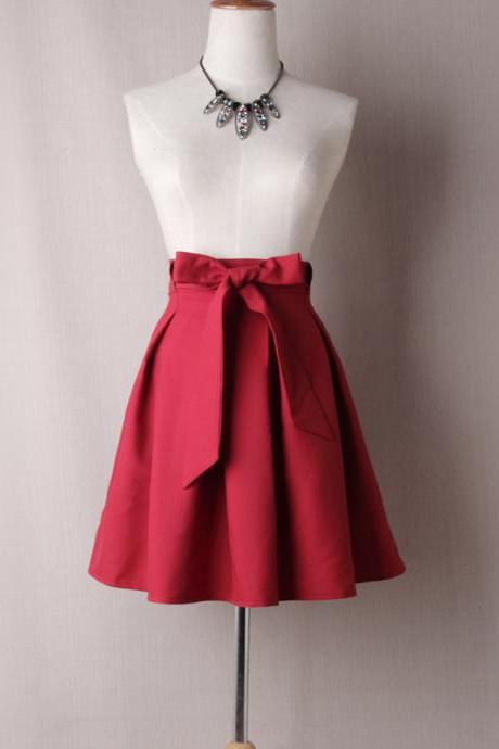 Women A Line Midi Skirt High Waist Bow Belted Office Work Pleated Tutu Short Skater Skirt Crimson