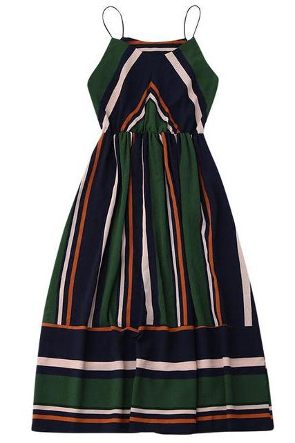 Women Casual Striped Dress Sexy Sleeveless Spaghetti Strap Midi A Line Beach Summer Party Sundress Green