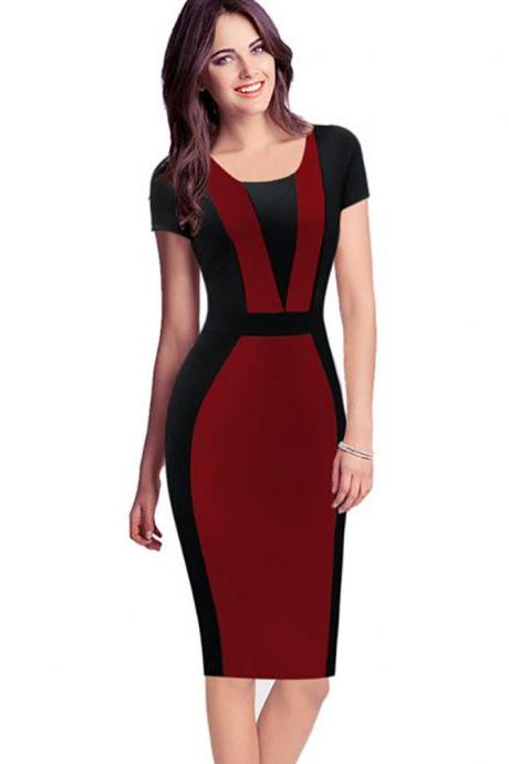 Women Bodycon Pencil Dress Patchwork Contrast Color Short Sleeve Sheath Work Office Party Dress red